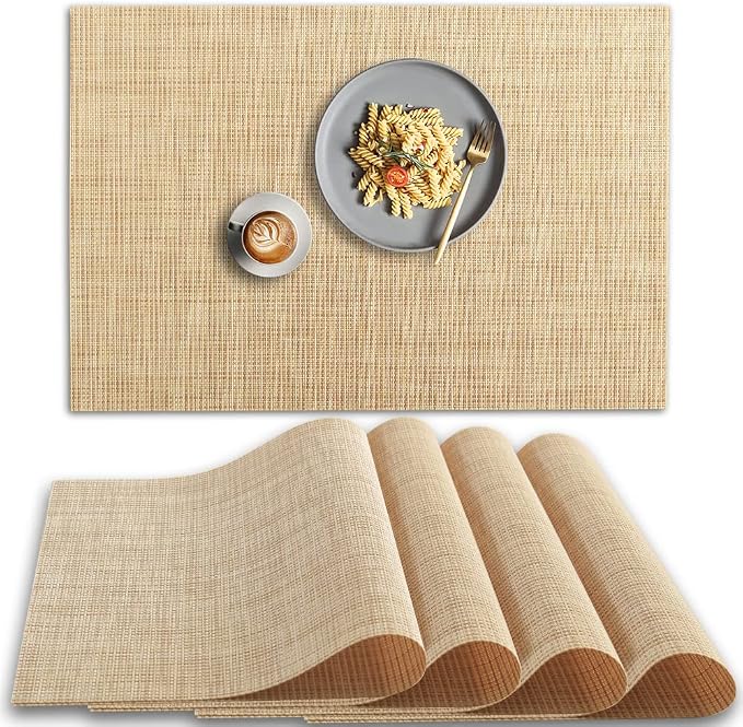 homEdge PVC Placemat, 4 PCS of Non-Slip Heat Resistant Place Mats, Washable Vinyl Placemats, Set of 4 –Beige