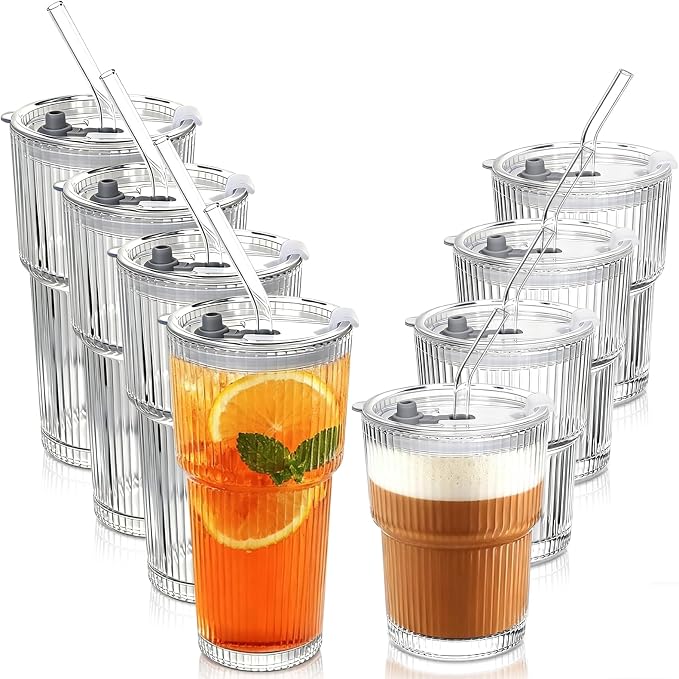 Ribbed Glass Tumbler Drinking Glasses with Lids & Straws, Leak-Proof 20oz and 15oz Glass Cups, 8PCS Glass Tumblers, Ideal for Home, Office, Outdoor Use