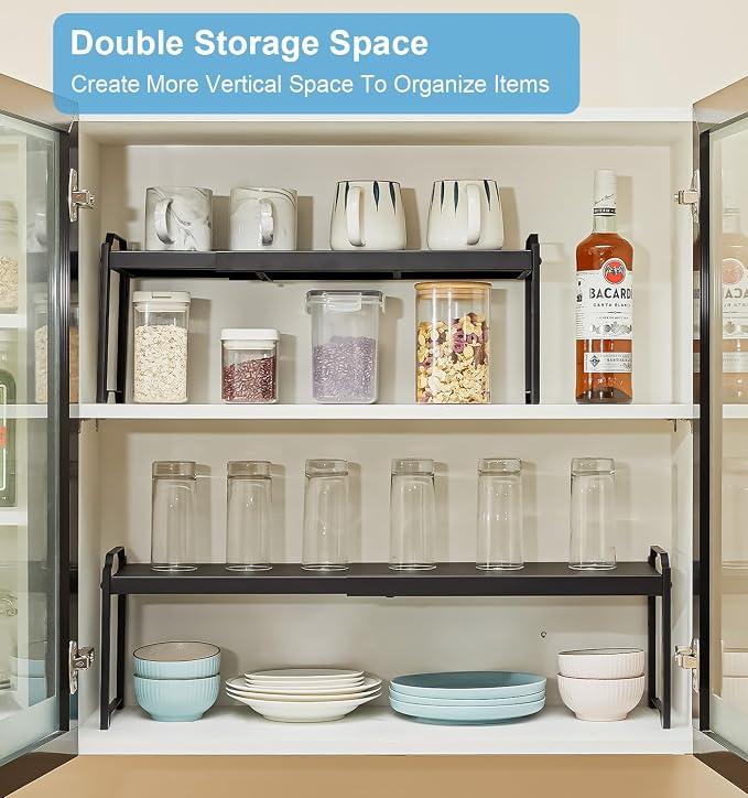 4 Pack Kitchen Cabinet Shelves Organizers, Kitchen Counter Storage Shelf Spice Rack, Expandable Length, Adjustable Height, Stackable, Sturdy 30LBS Bearing, Small Cupboard Tabletop Organizer Shelf Rack