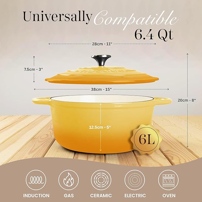 Nuovva Enamelled Cast Iron Dutch Oven Pot with Lid 6.4 Quart Non Stick Casserole Pot-Heavy Duty & Oven Safe up to 500° F for Bread Baking, Braising, Stews, Roasting - 28cm Yellow
