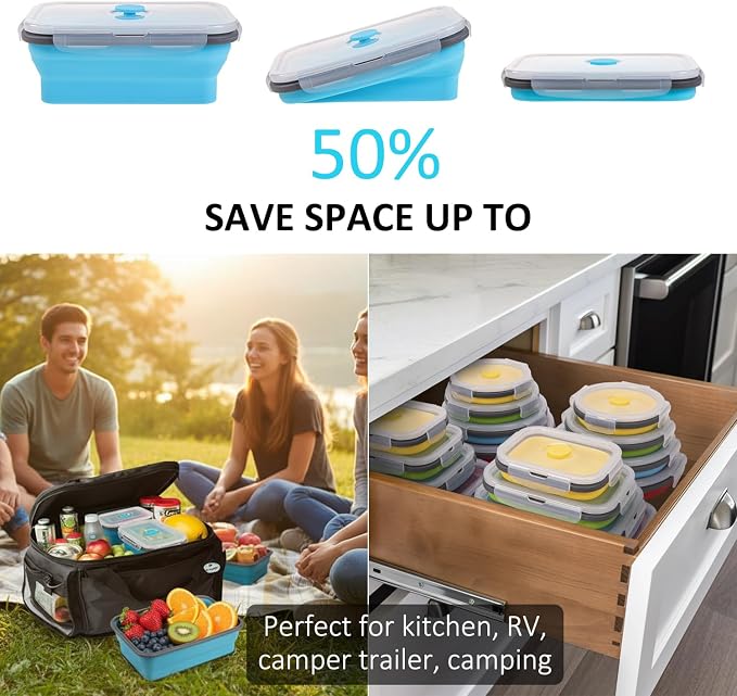 Collapsible Food Storage Containers with Lid & Air Vent, 8 Pack, 4 Rectangular + 4 Round, Annaklin Foldable Silicone Lunch Containers Collapsible Bowls Set, Microwave Freezer Dishwasher Safe, 4 Colors