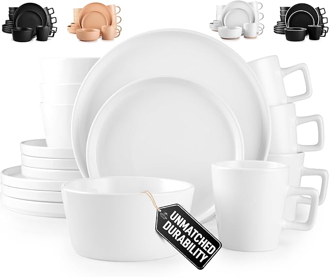 Zulay Kitchen Terra Plates and Bowls Sets, 16 Piece Modern Stoneware Dish Set for 4, Chip and Scratch Resistant Ceramic Dinnerware Set, Microwave and Dishwasher Safe, White