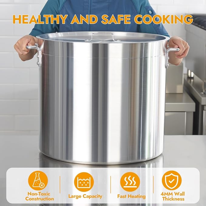 CURTA 80 Quart Aluminum Stock Pot with Lid, Heavy Duty Commercial Grade Large Capacity Cooking Pot for Boiling, Stewing, Great for Kitchen, Restaurant, Catering, and Home Use, NSF Certified