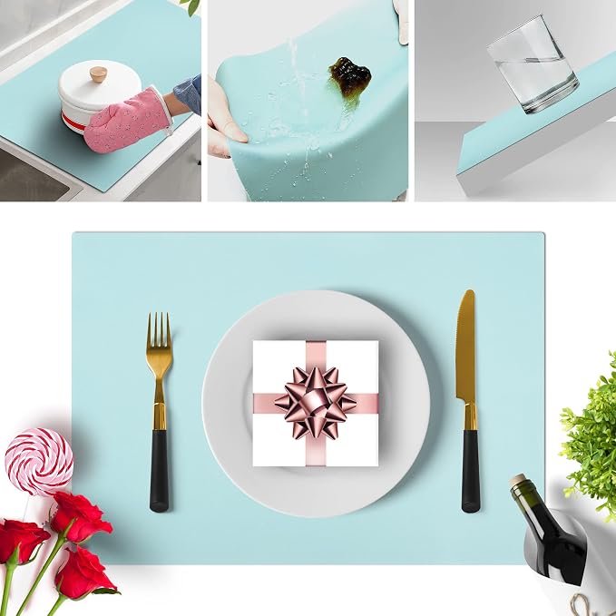 IYYI Silicone Placemats, Dining Placemats Set of 4, Waterproof Placemats for Kids, Non-Slip Silicone Mats for Dinner Table, Heat Resistant & Dishwasher Safe (Light Blue, 17.6" ×12.5")