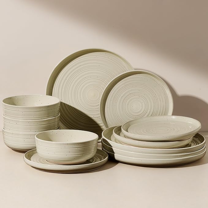 Stoneware Dinnerware Set for 4, White Honey Plates & Bowls | 12-Piece Ceramic Speckled Spiral Dishes, Chip & Scratch Resistant, Microwave & Dishwasher Safe, Everyday Use, Farmhouse Style