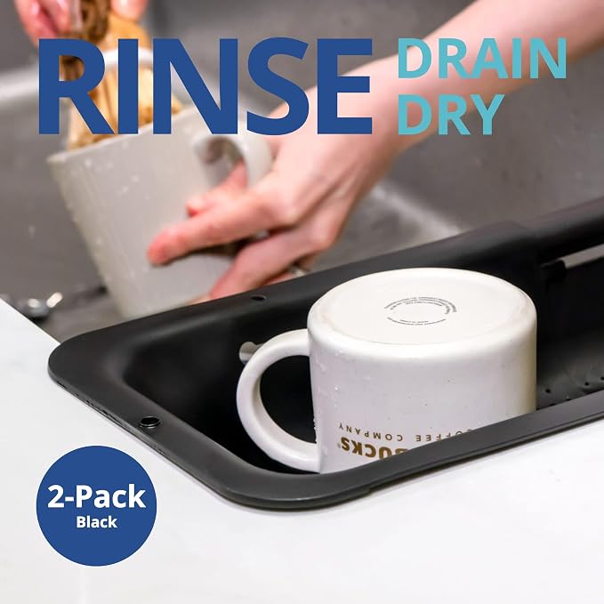 Blue Ginkgo Over Sink Colander, Extendable Kitchen Strainer, 2-Pack, Black | Fits Most Sinks. Rinse, Drain and Dry with Ease.