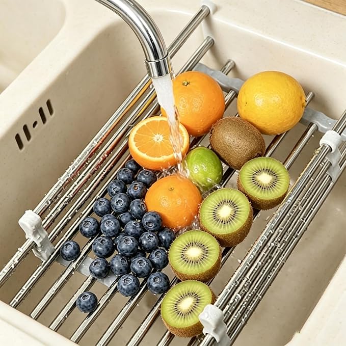 Expandable Sink Dish Drying Rack, Stainless Steel & ABS Sink Colander, Adjustable, Non-Slip, Over The Sink Storage Rack for Kitchen Fruit, Vegetable and Dish Drying (Black, Large)