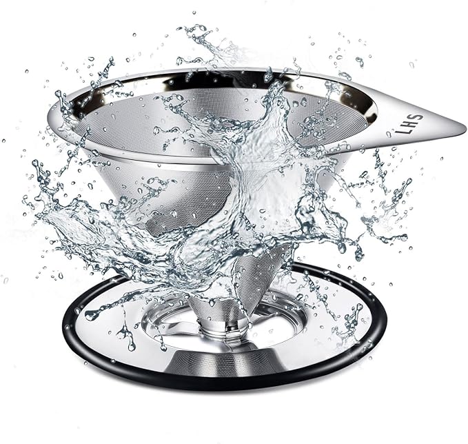 LHS Pour Over Coffee Dripper Stainless Steel Coffee Filter Metal Cone Filter Paperless Reusable Coffee Filter Single Cup Coffee Maker 1-4 Cup With Non-slip Cup Stand and Cleaning Brush