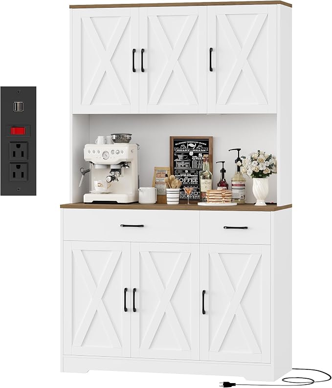 HOSTACK 71"H Kitchen Pantry Storage Cabinet, Farmhouse Hutch Cabinet, White | Space-Saving Pantry Cabinet with Charging Station & 2 Large Drawers & Adjustable Shelves, Tall Kitchen Hutch, Dining Room