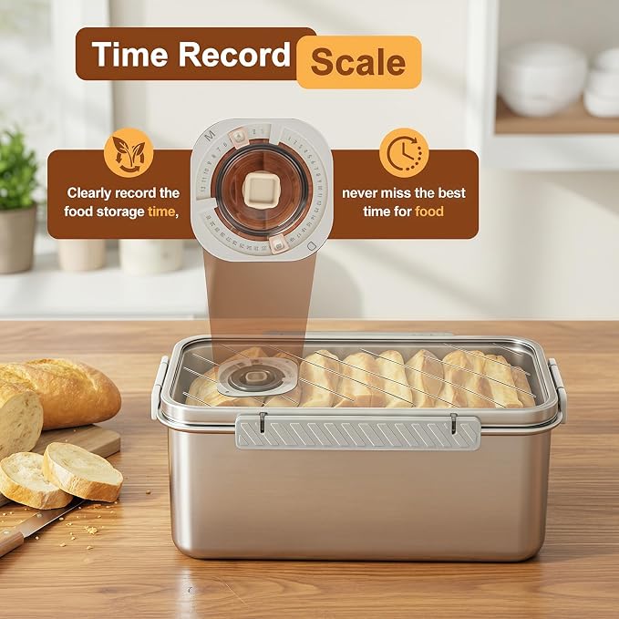 Gifhomfix Bread Box 304 Stainless Steel Bread Storage Container, Dishwasher Safe Bread Box for Homemade Bread, Time Recording Bread Container with Lid