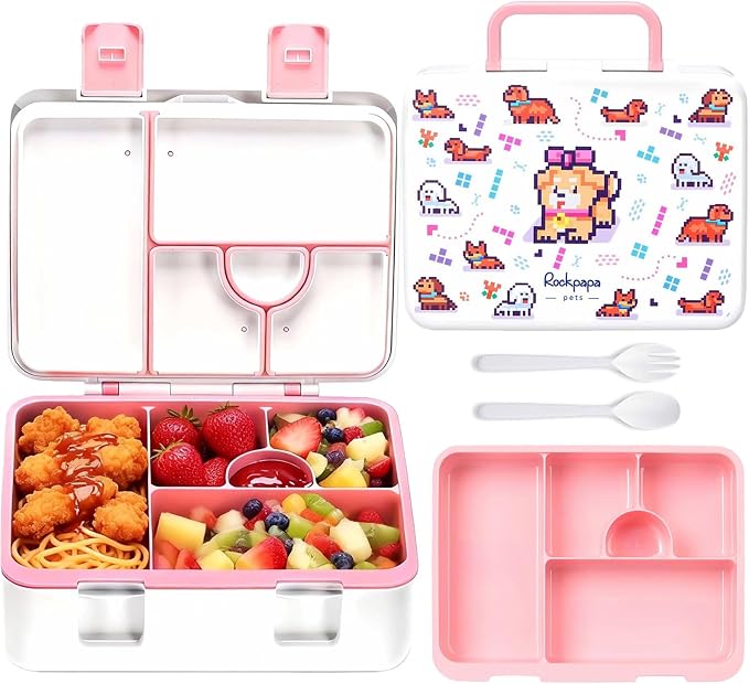 rockpapa Bento Box for Kids - Large 5.5 Cups Lunch Box with Utensils - 5 Compartments, BPA-Free, Leak Proof, Portable Handle for Boys Girls, Microwave/Dishwasher Safe (White Pets Dog)