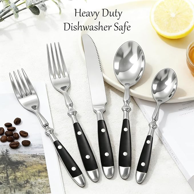 20pcs Black Silverware Set Service for 4,Vintage Flatware Set with Black Bakelite Handle, Stainless Steel Cutlery Set,Dishwasher Safe