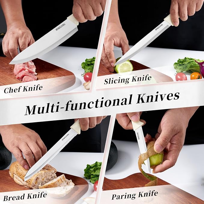 Knife Set, 6-Piece Kitchen Knife Set, German High Carbon Stainless Steel, Durable & Easy Clean Knife Block, Cream