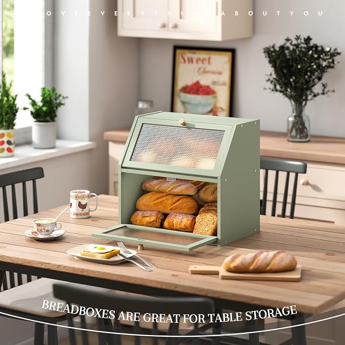 STDDRE Bread Box for Kitchen Countertop Bin Double Layer Bread Box Storage Container Extra Large Capacity Farmhouse with Diamond Pattern Windows (Green, Extra Large)