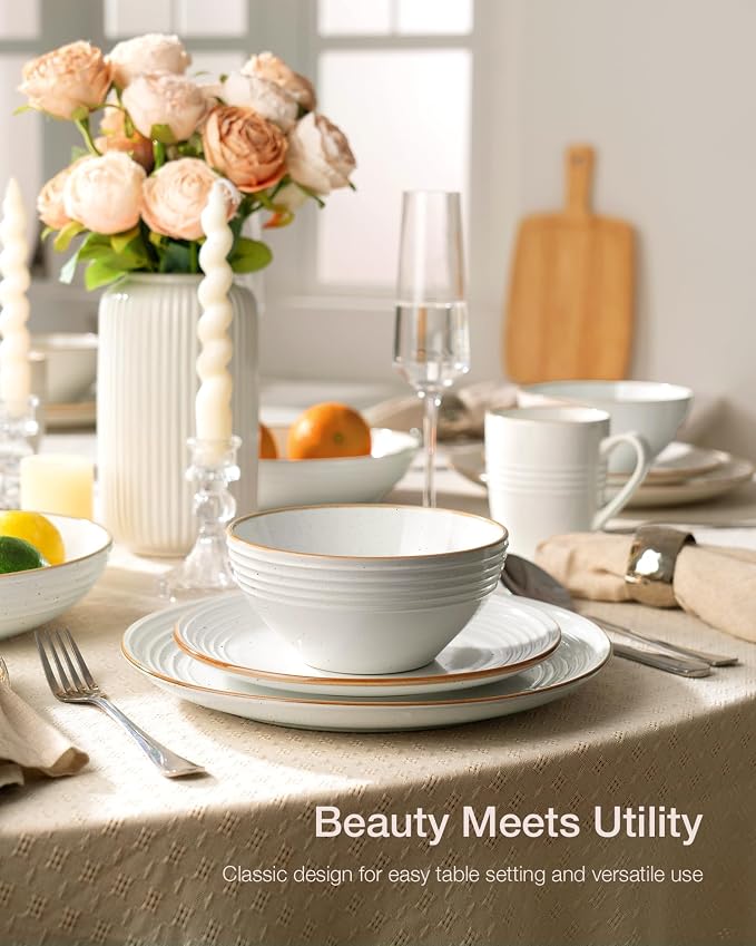 Famiware Jupiter Stoneware Dinnerware Sets with Pasta Bowls, Dishes for 4 | 16 pcs Speckled Plates and Double Bowls with Rim, Chip & Scratch Resistant, Microwave & Dishwasher Safe, Modern Neutral White