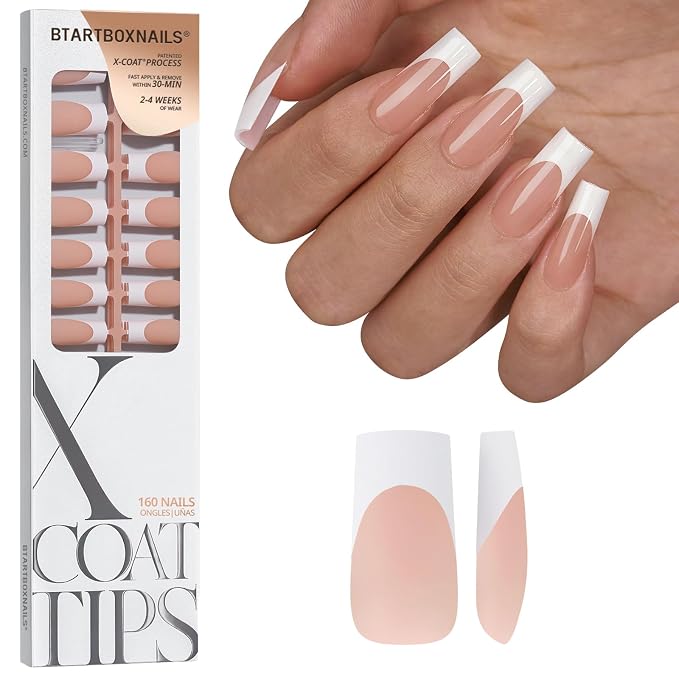 BTArtboxnails XCOATTIPS White French Tip Press On Nails, L Square, Peach | Lamp-Curable, 4-Week Wear, Natural Nail Look, Salon Quality Value at Home, Easy-to-Apply for Beginners, 160ct Nail Tips Only