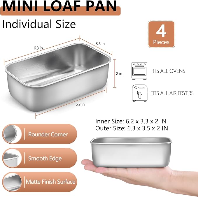 LIANYU 4 Pack Stainless Steel Mini Loaf Pan for Baking Bread, 6.3 x 3.5 In | Small Bread Loaf Pan for Homemade Meatloaf, Tin Loaf Baking Pan Perfect for Banana Sourdough Sandwich, Dishwasher Safe