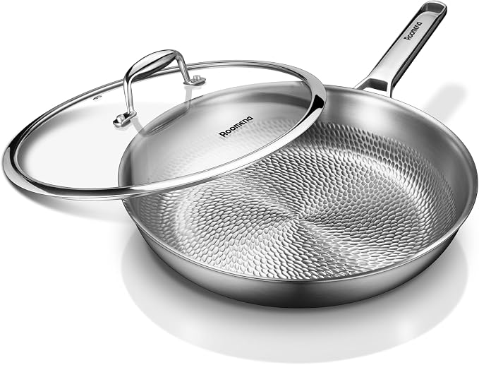 Titanium frying pan for cooking,12-Inch with Lid Bread Baking pan | PFAS/PFOA/PTFE-Free,Non-Toxic Pure Hammered Titanium Pro Pan,All Cooktop Compatible,Dishwasher & Oven Safe