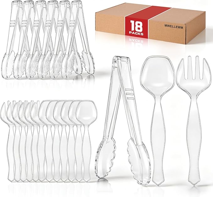 Mwellewm Plastic Serving Utensils Set Disposable Tongs Spoons for Buffet | Heavy Duty, BPA free, Large, 18Pcs Clear Party Catering Supplies Buffet Display Utensils for Restaurant, Wedding,Banquet,Food