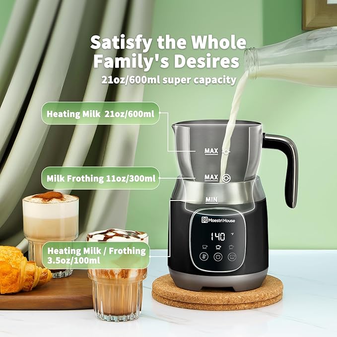 Maestri House DualFro 600 Milk Frother and Steamer 21oz/600mL | Variable Temp 4 Settings & 3 Froth Levels, Memory Function for Latte Cappuccino Hot Chocolate, Dishwasher Safe,Brush Included
