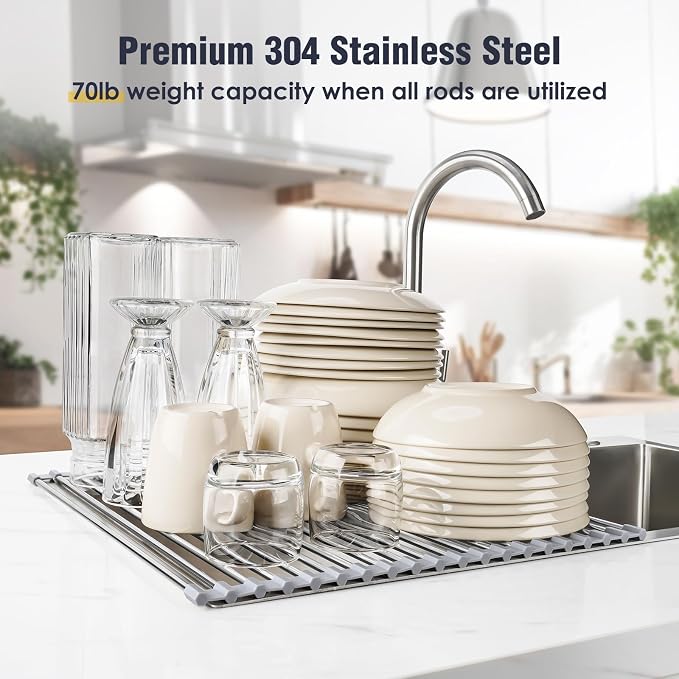 Tomorotec Roll Up Dish Drying Rack Over Sink, 304 Steel, 21x15.5, Grey | Anti-Slip Silicone Rims For Grip, Heat-Resistant Trivet Mat Holding Heavy Cookware, Rustproof Kitchen Counter Space Saver