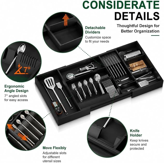 Bamboo Expandable Kitchen Drawer Organizer, 17.7-29.5 in,Black | 5-8 detachable slots, equipped with dedicated tool slots for butter knives, storing tableware and saving space