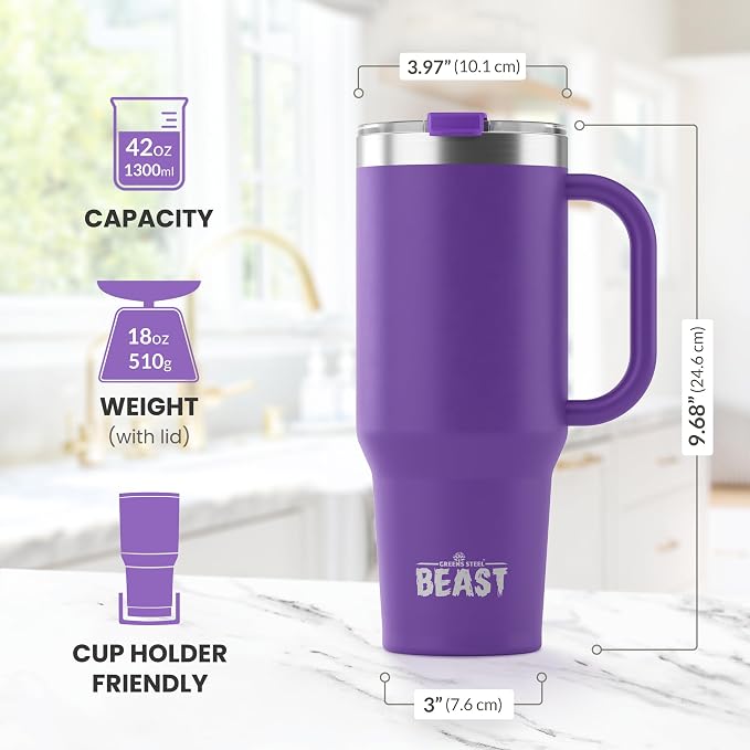 Beast 42 oz Tumbler with Handle Stainless Steel Vacuum Insulated Coffee Ice Cup Double Wall Travel Flask (Deep Purple)