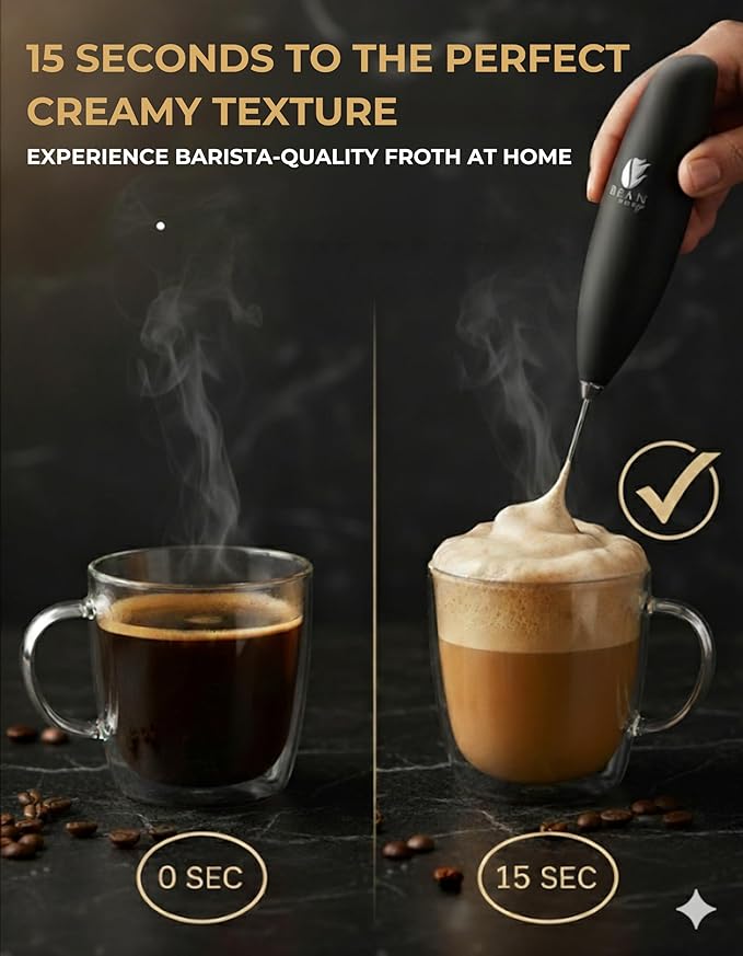 Bean Envy Milk Frother Handheld - Coffee Mixer Wand with Stand - Black | Battery Operated, Stainless Steel Whisk, 19000 RPM, Protein Powder Blender, Electric Stirrer, Mini Foamer