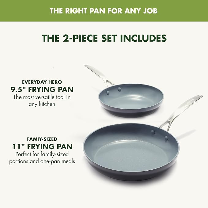 GreenPan Valencia Pro Ceramic Nonstick 9.5" & 11" Frying Pan Skillet Set, Hard Anodized PFAS-Free Cookware, Induction Ready & All Cooktops, Eggs & Omelets, Dishwasher & Oven Safe to 600F, Gray