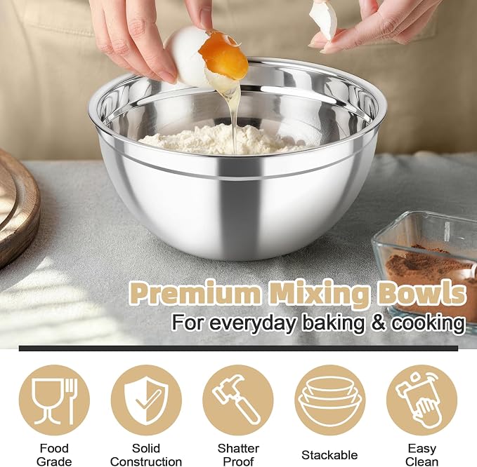 TeamFar Mixing Bowls, Stainless Steel Nesting Salad Bowls & Airtight Lids | For Serving/Mixing/Storing, Rust-proof & Heavy Duty, Dishwasher Safe, Set of 3-4.6/3 / 1.5 QT, Khaki