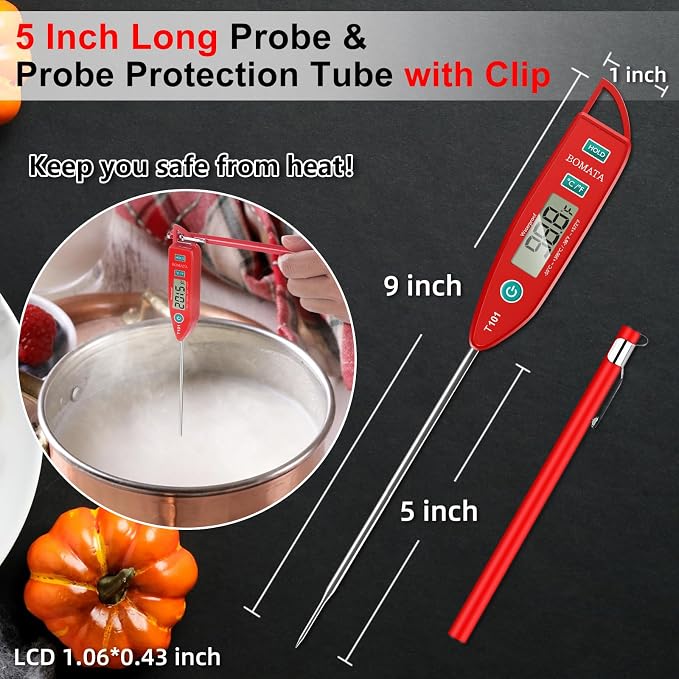 BOMATA Digital Water Thermometer for Liquid, Meat, Cooking, IPX7 Waterproof | Instant Read Food Thermometer, 5in Long Probe for Candle, Water, Meat, BBQ! T101 (Red Color)…