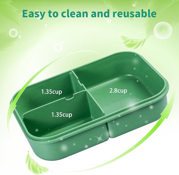 Itopor Bento Box for Kids & Adults, Lunch Box 46 oz / 1400ml, Sage Green | Wheat straw material, BPA-free, leakproof, 3 compartments, microwave & dishwasher safe, for school, office & travel