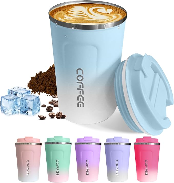 SPLMIFA Travel Coffee Mugs Leak-Proof, Reusable Coffee Cups with Lids, Stainless Steel Vacuum Insulated Coffee Tumblers, Thermal Insulation Cup for Men & Women Hot & Cold Drinks(2nd-Blue White, 12OZ)