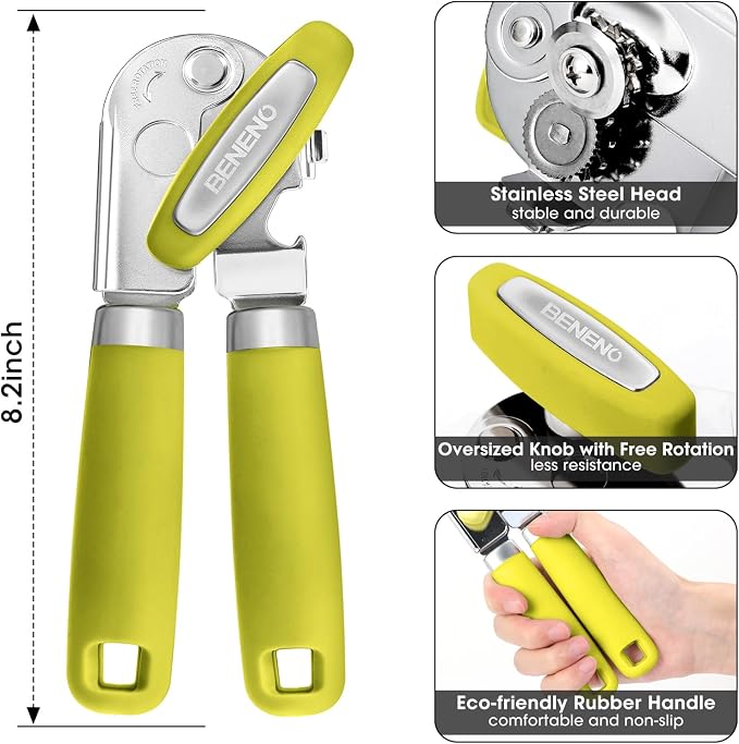Beneno Heavy Duty Hand Can Opener Manual with Magnet, Lime Green | Razor-Sharp Carbon Steel Blade, Precise Smooth Cutting Gear, Big Effort-Saving Knob, Soft Grip Handle, Built-in Bottle Opener