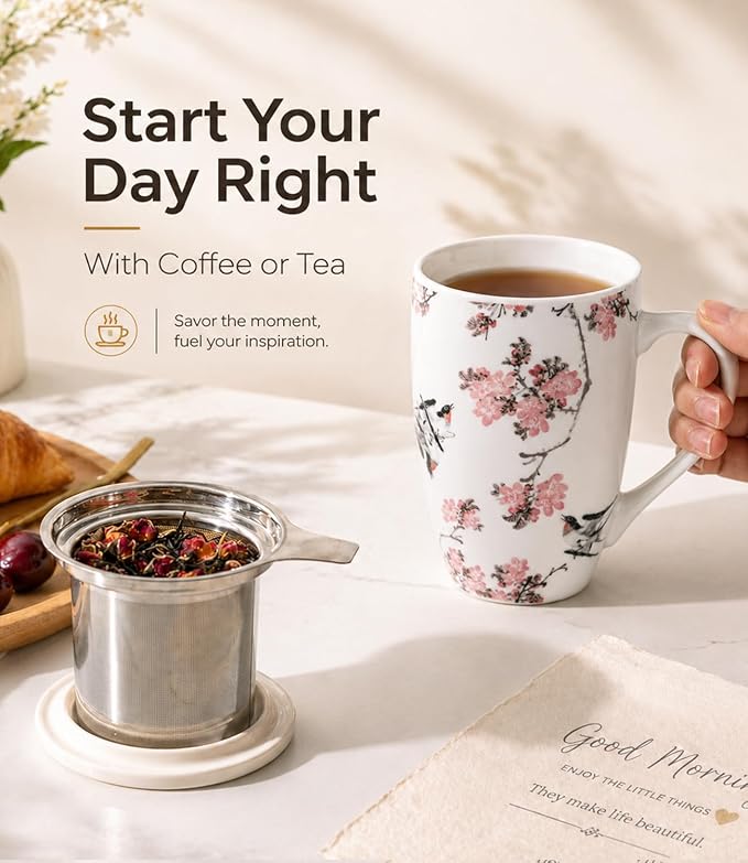 AmorArc Tea Cup With Infuser and Lid, 18oz Loose Leaf Tea Mug With Steeper | Porcelain Tea Mug With Infuser and Lid, Strainer Tea Cup for Tea Lovers, Home & Office, Housewarming Birthday Gift