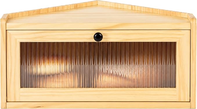 Sunhoo Bread Box for Kitchen Countertop Wooden Corner Breadbox Counter Food Storage Bin Container Farmhouse Rustic Homemade Bread Fresh Keeper Organizer Holder Vintage Stackable with Window (Yellow)