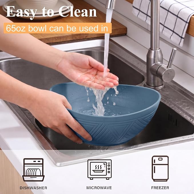 65 OZ Wheta Straw Bowls Set - Unbreakable Large Salad Bowl 4 PCS, Large Capacity Kitchen Bowls Microwave & Dishwasher Safe Serving Bowl for Salad, Popcorn, Chip (Blue)