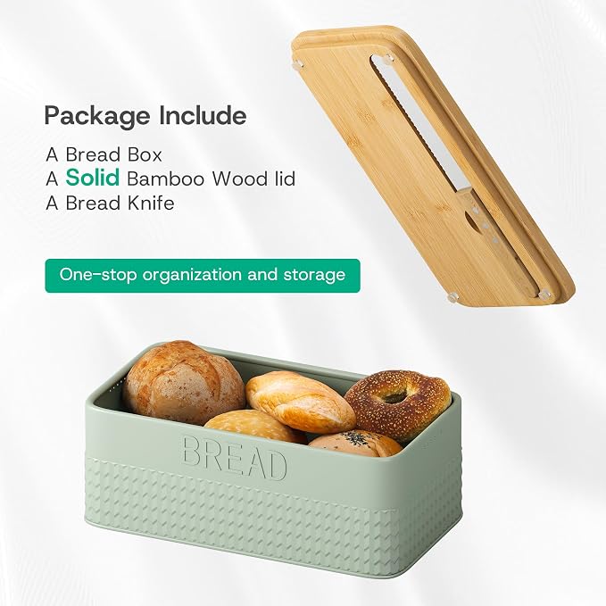 kiplant Bread Box for Kitchen Countertop, Large Bread Storage Container with Bamboo Lid, Iron Farmhouse Bread Box for Your House, Green