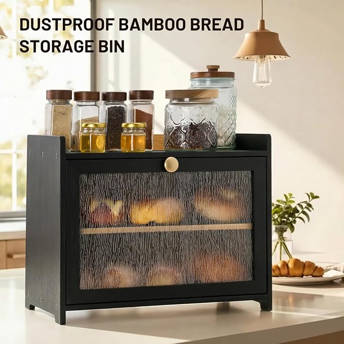 Bamboo Bread Box for Kitchen Countertop, 15.7x9.8x12.6 in, Black Color | Double Layer Bread Box, Fluted Acrylic Doors, Farmhouse Bread Box for Homemade Bread, Loaves, Bagels, Muffins & Pastries
