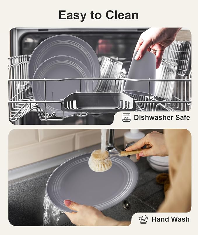 Quatish 24 Piece Plates and Bowls Sets for 6, Unbreakable Dinnerware Sets, Plastic Dish Set for Camping, Dishwasher Microwave Safe, Outdoor Kitchen and Apartment Dorm Dinning RV Essentials, Grey