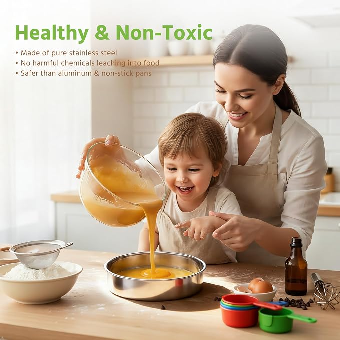 E-far 9 Inch Cake Pan Set of 3, Non-toxic Stainless Steel Round Cake Tins | Ideal for Birthday Wedding Layer Cake, Healthy, Mirror Finish, Dishwasher Safe