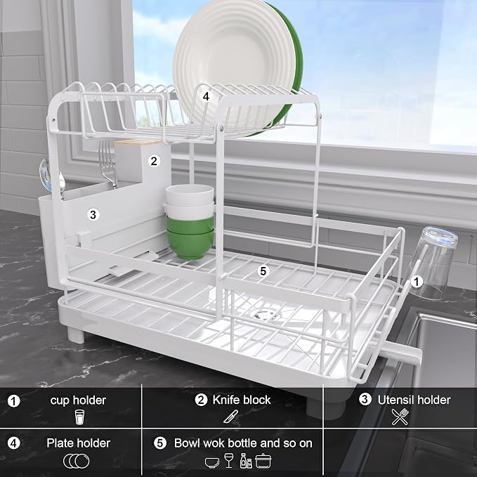 Runnatal 2-Tier Dish Drying Rack with Drainboard for Kitchen Counter | Large Dish Rack Anti-Rust Dish Drainers with Utensil Holder, Extra Cup Holder, White