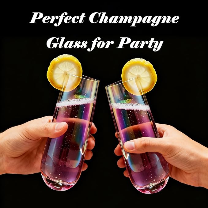 10oz Stemless Champagne Flutes, Iridescent Champagne Glasses, 4 PCS | Clear Crystal Glass Cups, Dishwasher Safe Wine Glasses Set for Champagne Cocktail Juice, Unique Gifts for Wine Enthusiasts