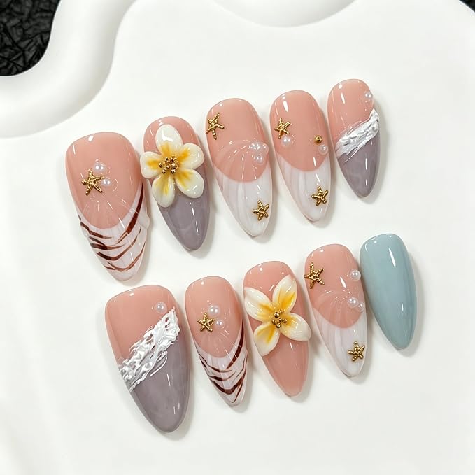 Handmade Press on Nails Almond Shape Luxury Medium Hand Made Nails with 3D Flower Fishstar and Shell Design Summer Press on Nails Thicked Acrylic Nail White French Tip Stick on Nail for Women 10Pcs（M)