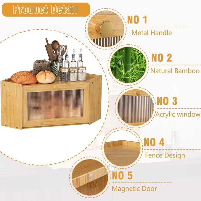 Trironsun Corner Bamboo Bread Box for Kitchen Counter Large Capacity Rustic Bread Storage Container with Wavy Arcylic Transparent Door Vintage Storage for Homemade Bread (Natural Bamboo)