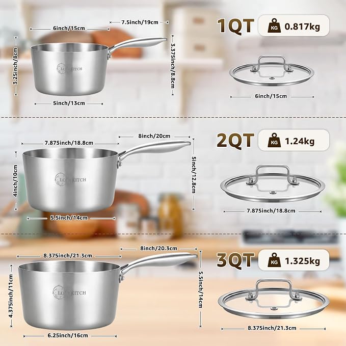 LOLYKITCH 1 & 2 & 3QT Stainless Steel Saucepan Set with Glass Lids | Tri-Ply | Uncoated | Heavy Bottom | Cooking Pots | Metal Sauce Pans for Induction Cooktop | Ergonomic Handle