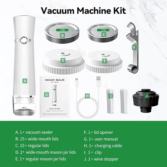 80kPa Mason Jar Vacuum Sealer with 30 Mason Lids for Food Storage | 2000mAh Vacuum Sealer Machine, Cordless & Rechargeable Mason Jar Vacuum Sealer for Food Storage,canning lids for 68/83mm