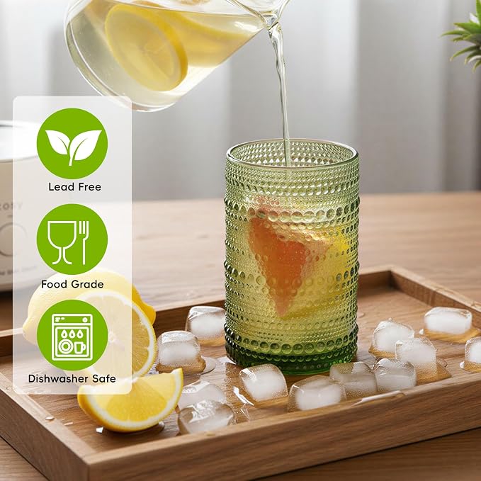 Moretoes12 Pack 12 Oz Green Hobnail Drinking Glasses Set,Water Glass Cups | Highball Glasses Embossed Boho Kitchen Bar Tumbler Glassware Set for Whiskey, Beer, Juice, Milk and Various Mixed Drinks