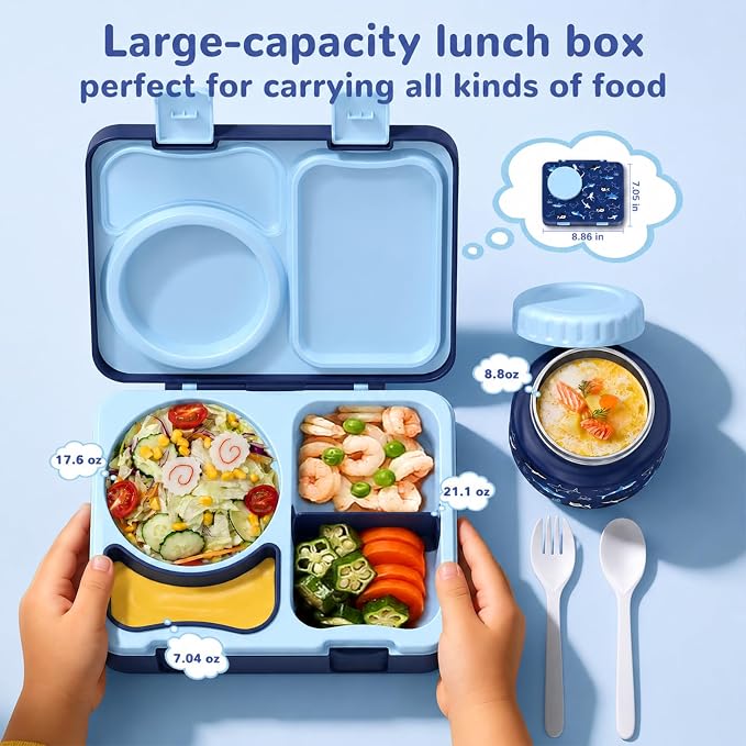 Kids Insulated Lunch Box with 8OZ Thermo Food Jar | Leakproof Bento Box with Ice Pack Sauce Cup Utensils Removable Tray & Dividers for School Daycare Travel, Sharks