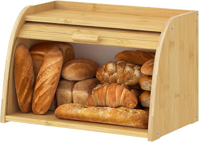 Kitsanery Bread Box for Kitchen Countertop, Bamboo Bread Storage, Double-Layer Roll-Top Bread Container, Farmhouse Bread Holder for Homemade Bread (Natural, single layer)